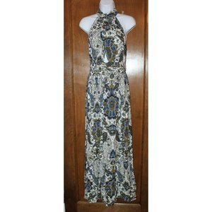 Design Lab S green blue paisley high neck long maxi dress wrap front open back